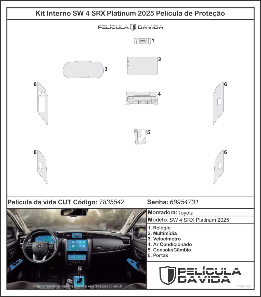 Pelicula proteção kit interno Toyota SW4 SRX Platinum 2025