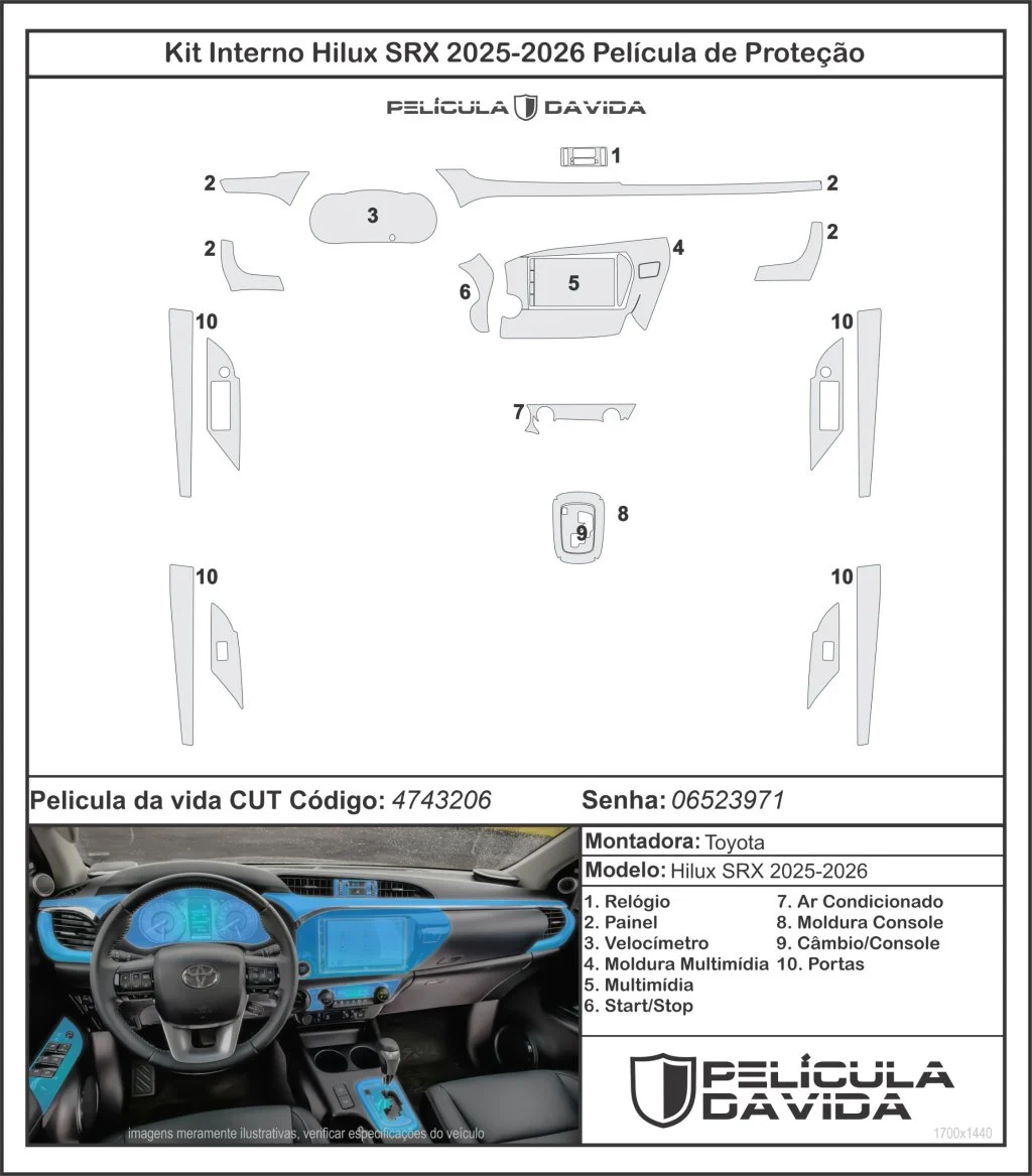 Pelicula proteção kit interno Toyota Hilux SRX 2025-2026